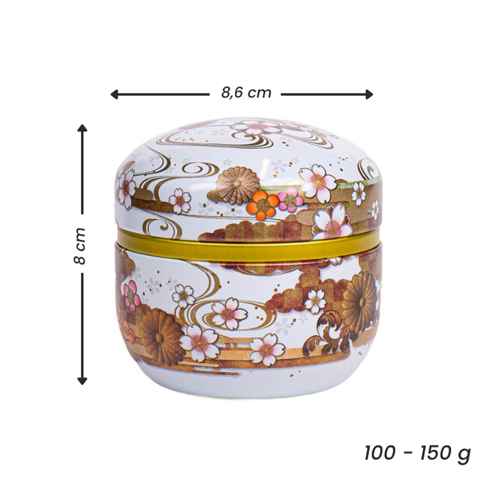 Boîte à Thé Japonaise Ronde Métal Blanc Fleuri