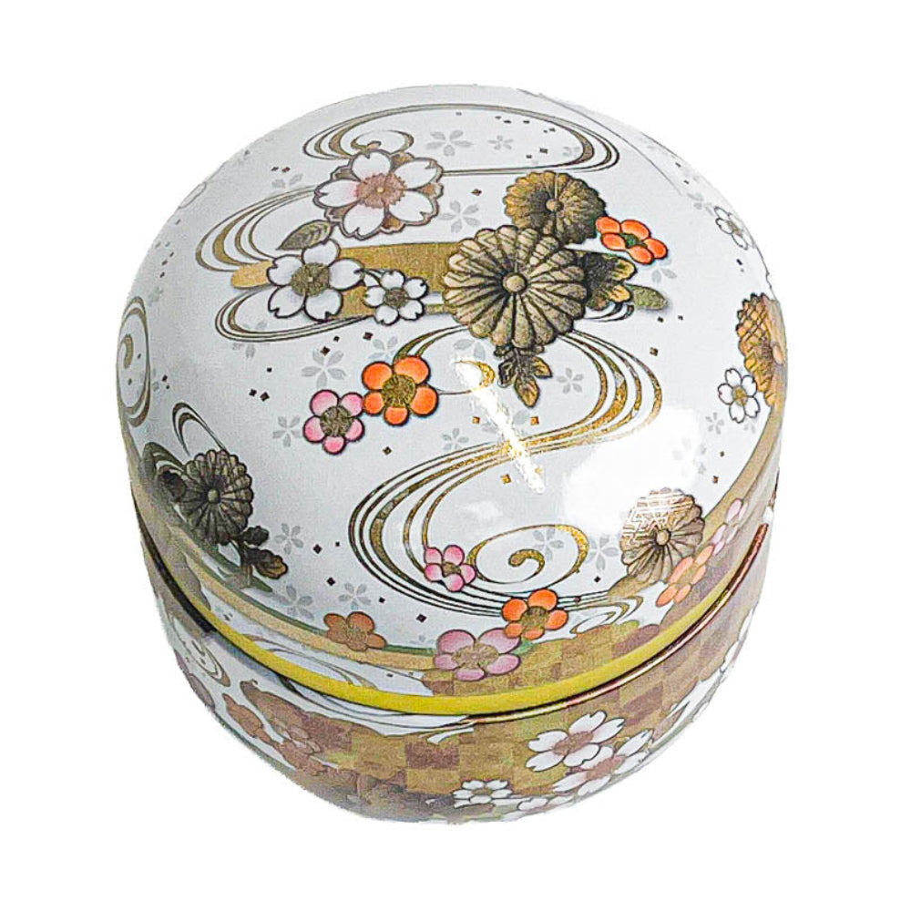Boîte à Thé Japonaise Ronde Métal Blanc Fleuri