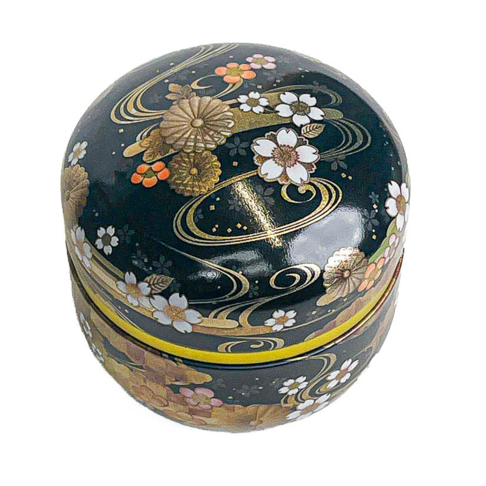 Boîte à Thé Japonaise Ronde Métal Noir Fleuri