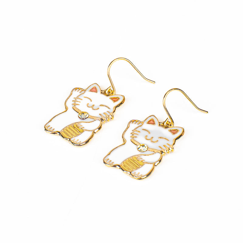 Boucles d’Oreilles Japonaise Maneki-Neko Blanc et Doré