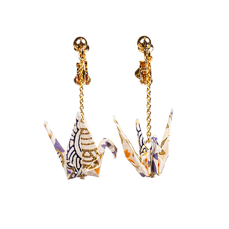 Boucles d’Oreilles Japonaises Chaînes Grues Blanches