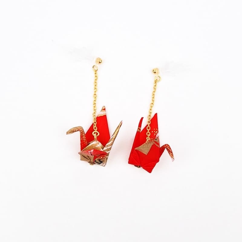Boucles d’Oreilles Japonaises Chaînes Grues Rouges