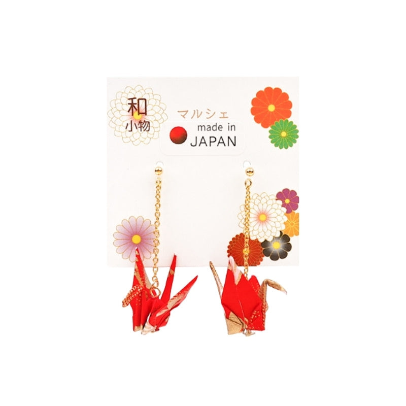 Boucles d’Oreilles Japonaises Chaînes Grues Rouges