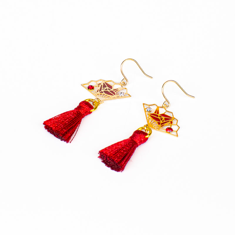 Boucles d’Oreilles Japonaises Sensu et Pompon Rouges