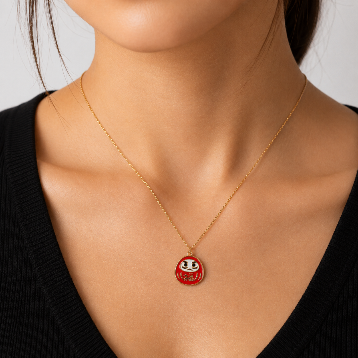 Collier Japonais Pendentif Daruma Rouge & Or