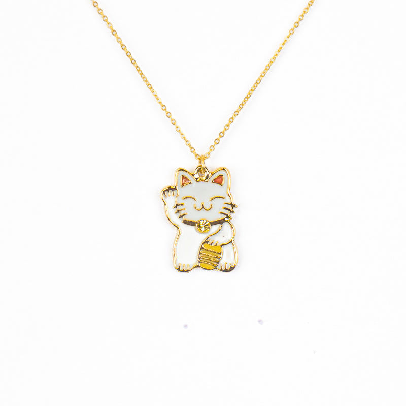 Collier Japonais Pendentif Maneki-Neko Blanc et Doré
