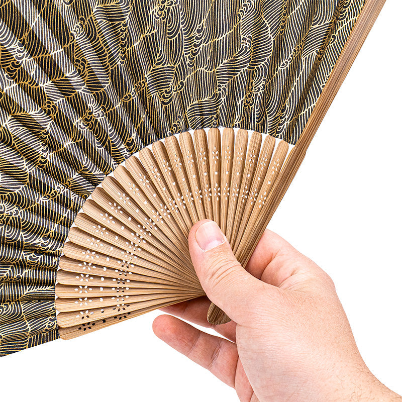 Éventail Japonais Mino Washi Noir Vagues