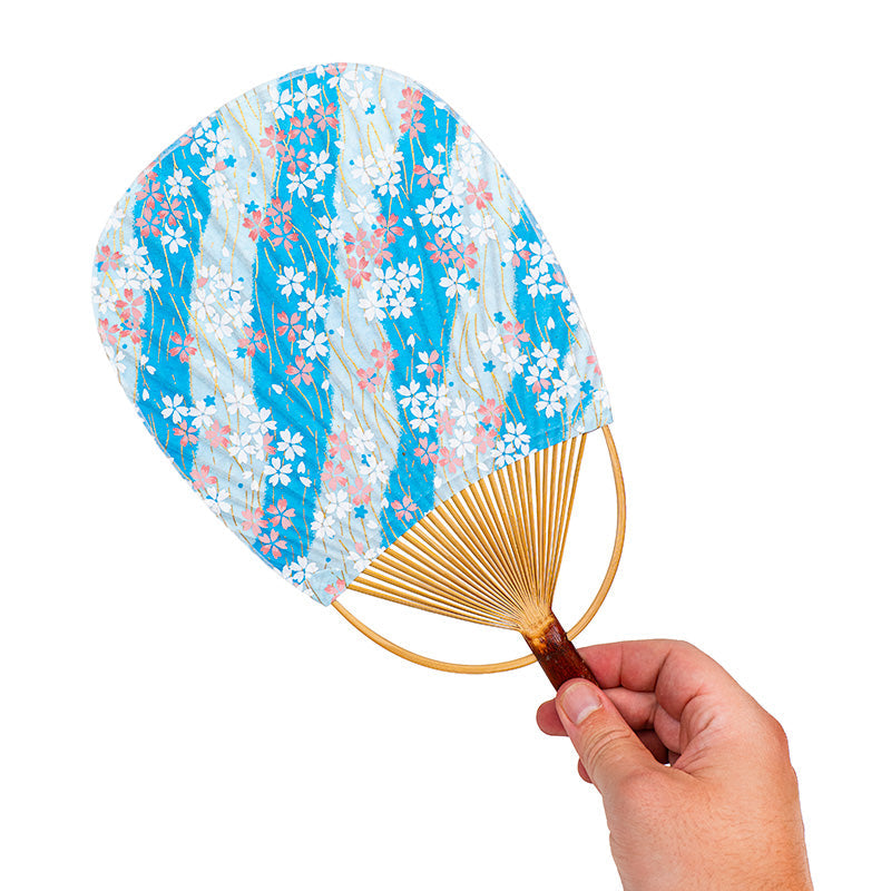 Éventail Japonais Uchiwa Washi Sakura Bleu