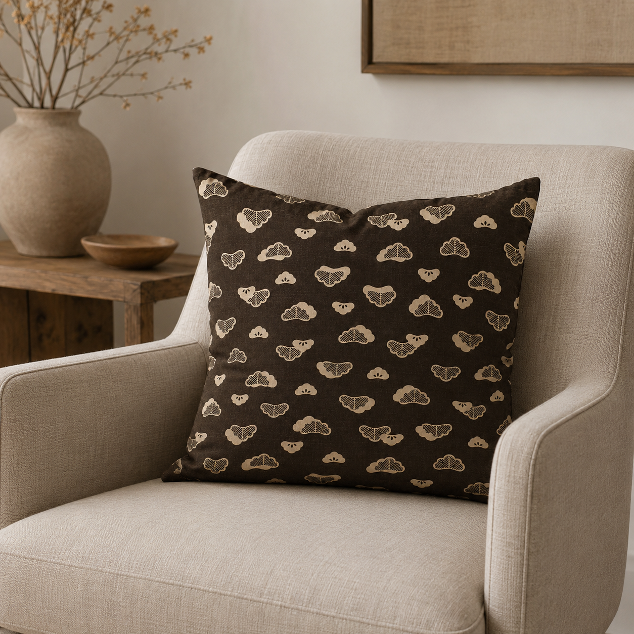 Housse de Coussin Japonais Motif Matsu Marron