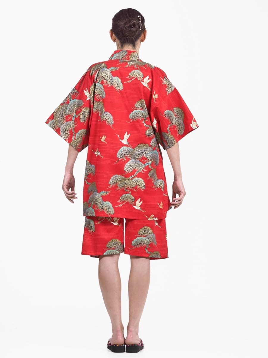 Jinbei Japonais Femme Rouge Grue & Pin