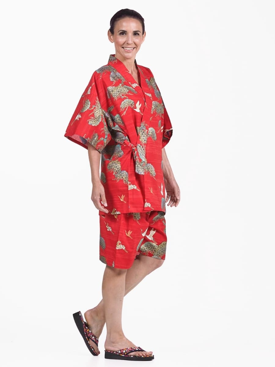 Jinbei Japonais Femme Rouge Grue & Pin