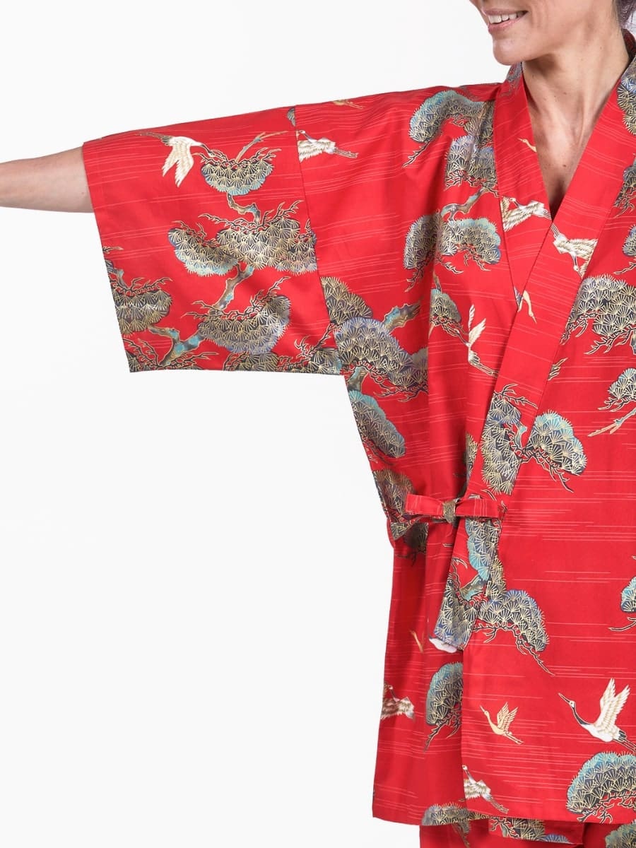 Jinbei Japonais Femme Rouge Grue & Pin
