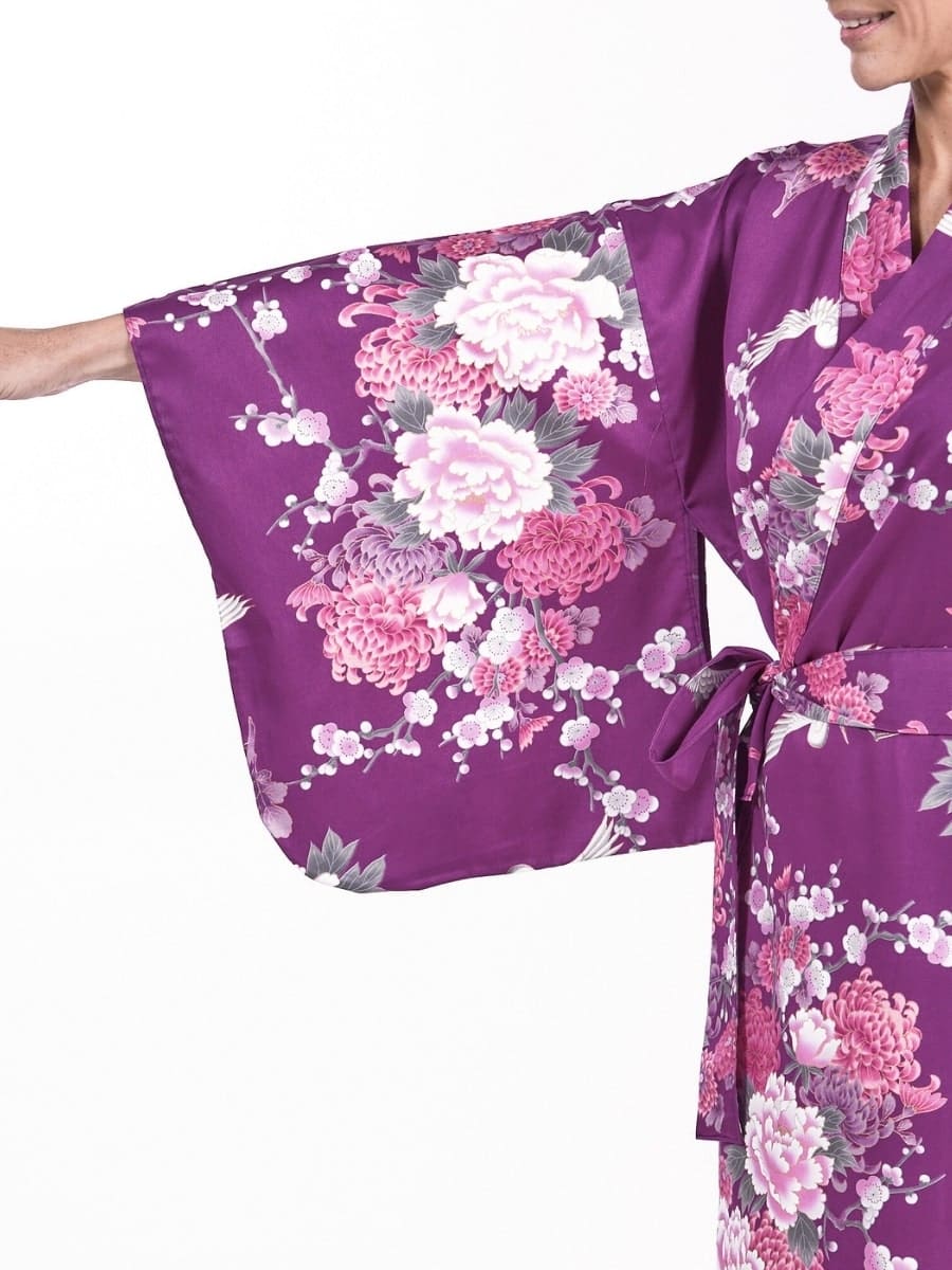 Kimono Japonais Femme Violet Pivoine & Grue - Taille unique