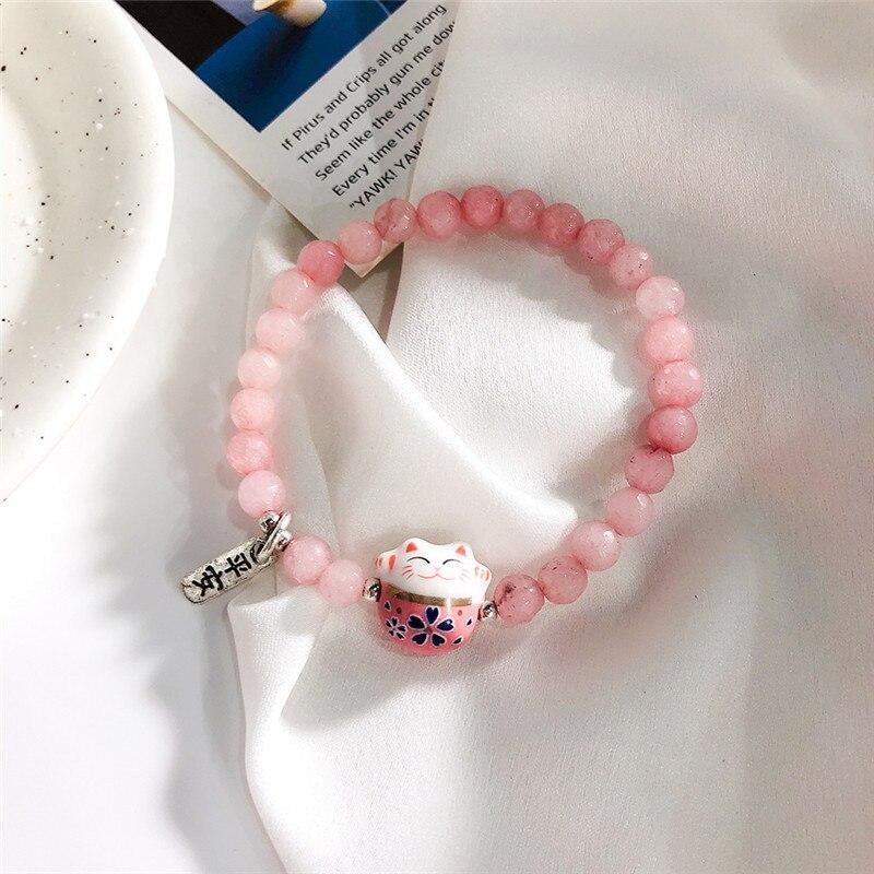 Bracelet Maneki Neko - Perles - Rose