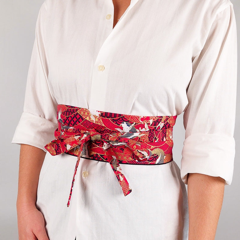 Ceinture Obi Rouge Motif Carpe Koï