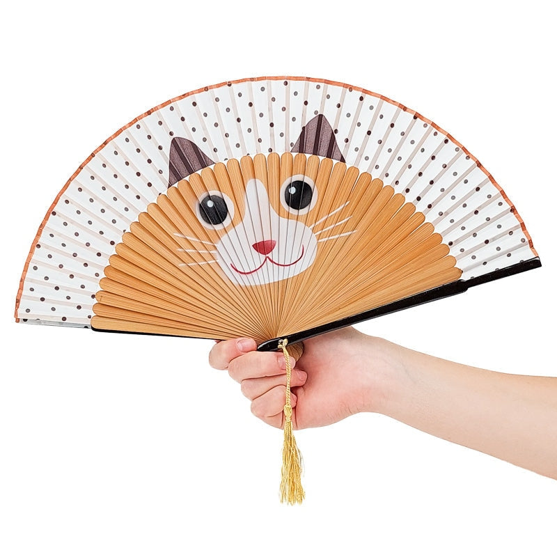 Éventail Japonais Chat Kawaii Beige