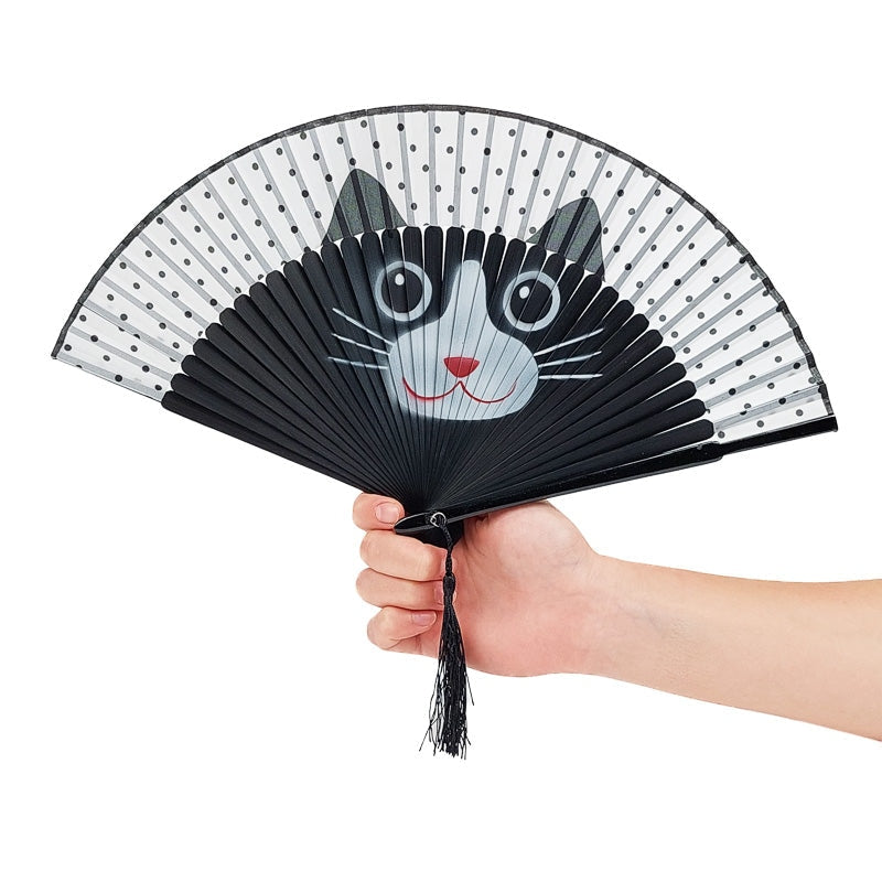 Éventail Japonais Chat Kawaii Noir