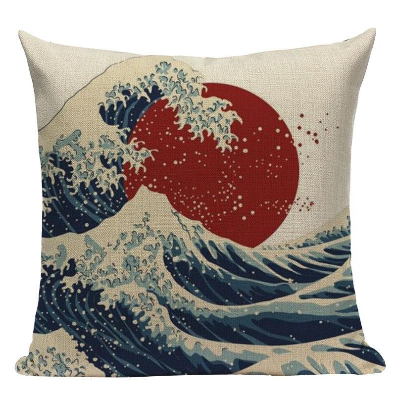 Housse de Coussin Motif Japonais - Vague & Soleil