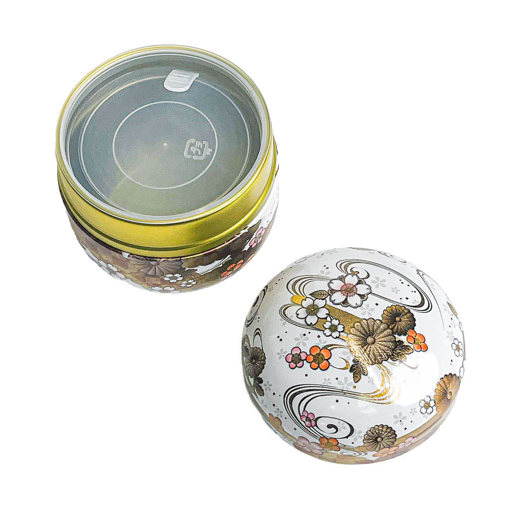 Boîte à Thé Japonaise Ronde Métal Blanc Fleuri