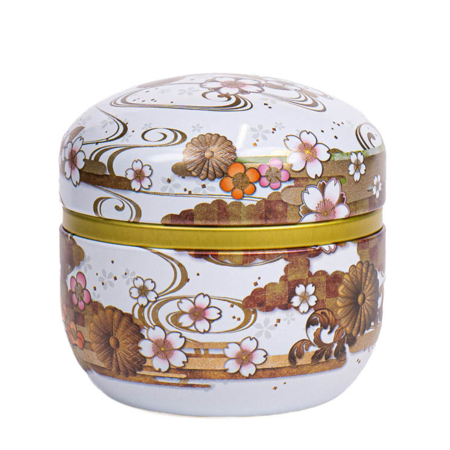 Boîte à Thé Japonaise Ronde Métal Blanc Fleuri
