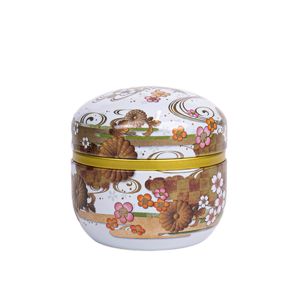 Boîte à Thé Japonaise Ronde Métal Blanc Fleuri
