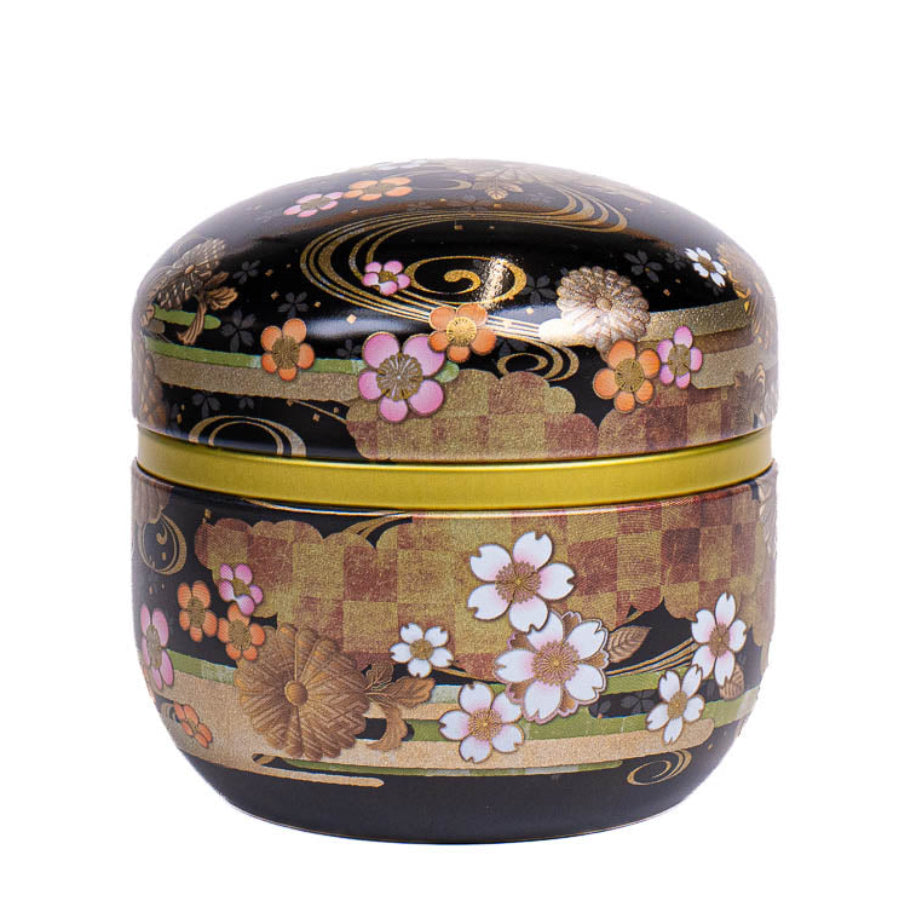 Boîte à Thé Japonaise Ronde Métal Noir Fleuri