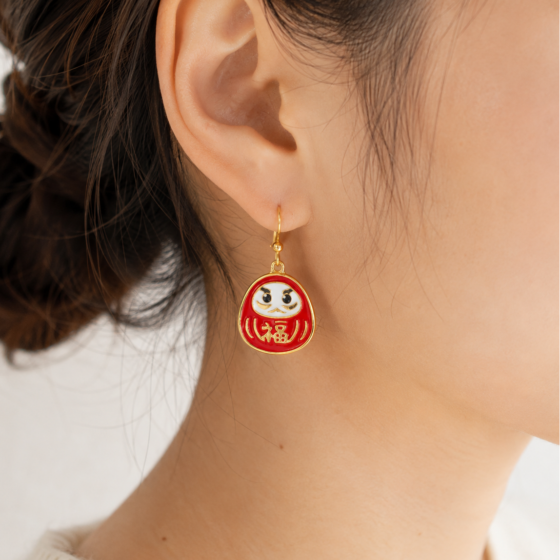 Boucles d’Oreilles Japonaise Daruma Rouge & Or