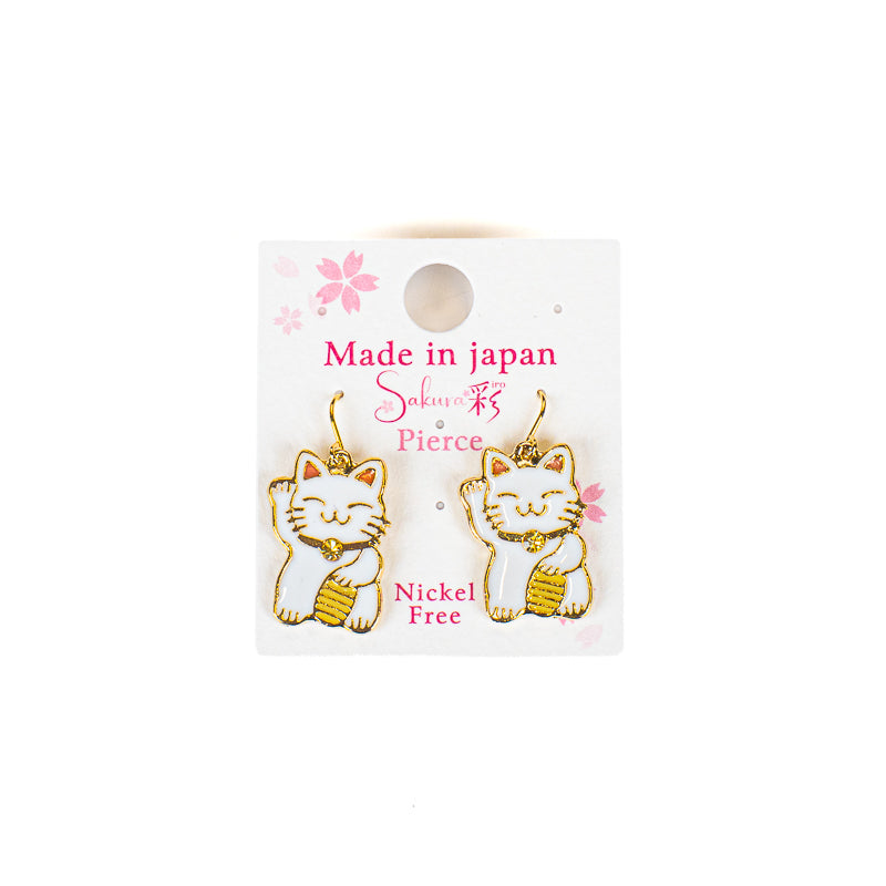 Boucles d’Oreilles Japonaise Maneki-Neko Blanc et Doré