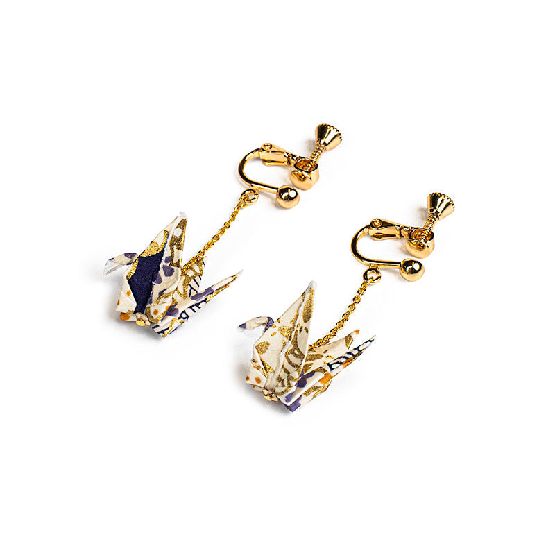 Boucles d’Oreilles Japonaises Chaînes Grues Blanches Pinces (oreilles non-percées)