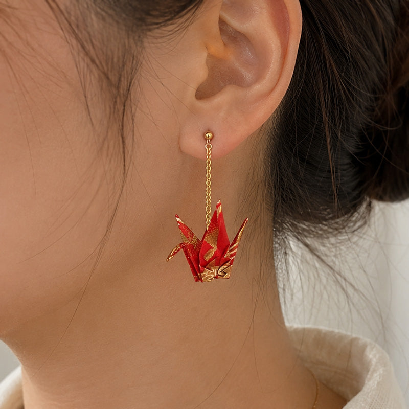 Boucles d’Oreilles Japonaises Chaînes Grues Rouges