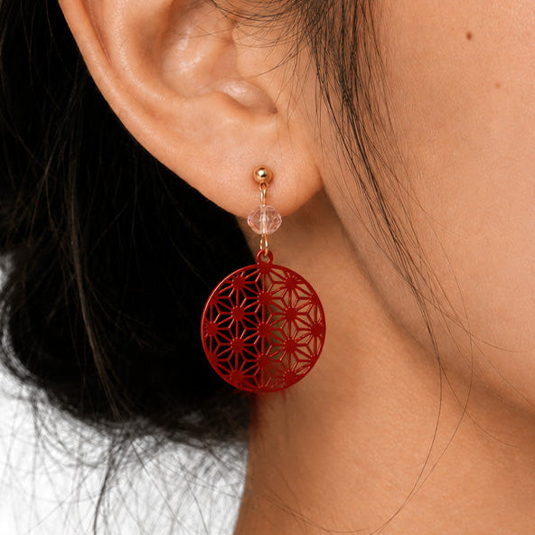 Boucles d’Oreilles Japonaises Motif Asanoha Rouge