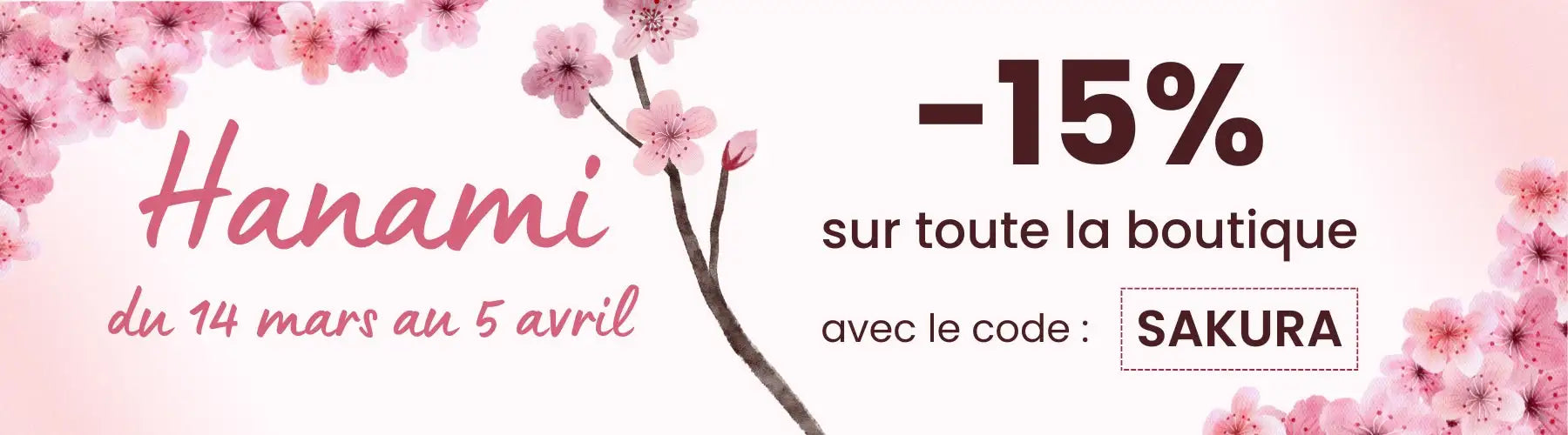 Des branches de cerisiers en fleurs roses encadrent une bannière promotionnelle pour hanami avec 15 % de réduction sur tout le magasin.