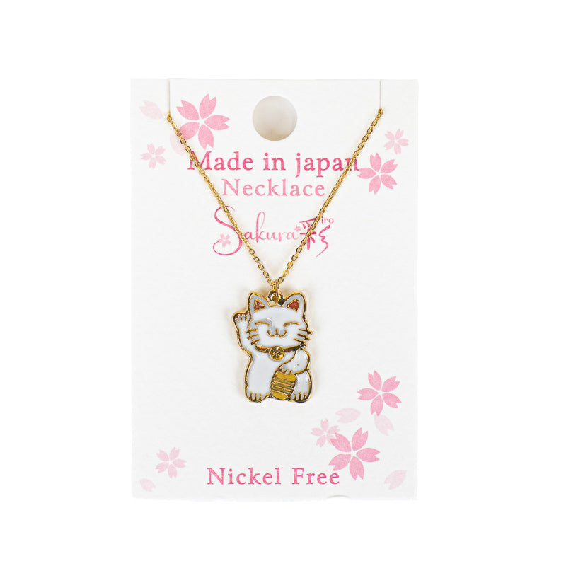 Collier Japonais Pendentif Maneki-Neko Blanc et Doré