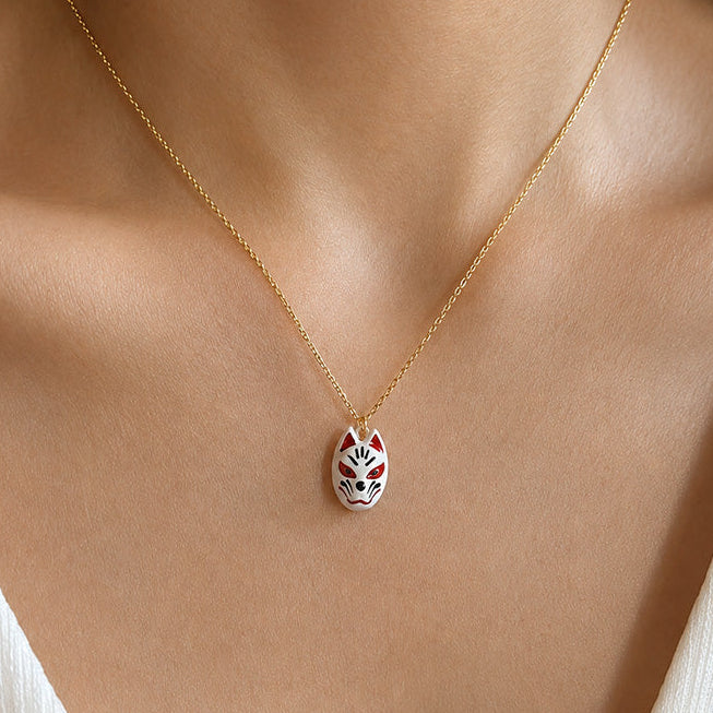 Collier Japonais Pendentif Masque Kitsune Blanc