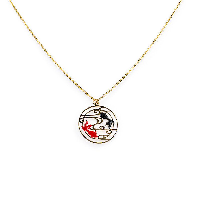 Collier Japonais Pendentif Poissons Rouge & Noir