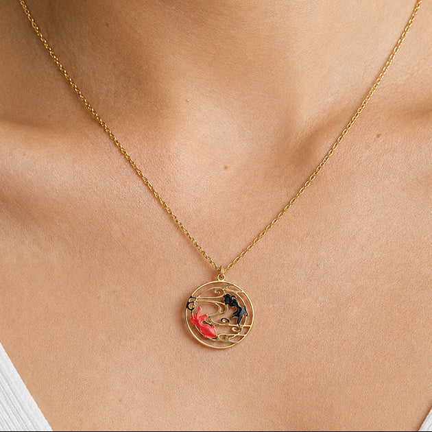 Collier Japonais Pendentif Poissons Rouge & Noir