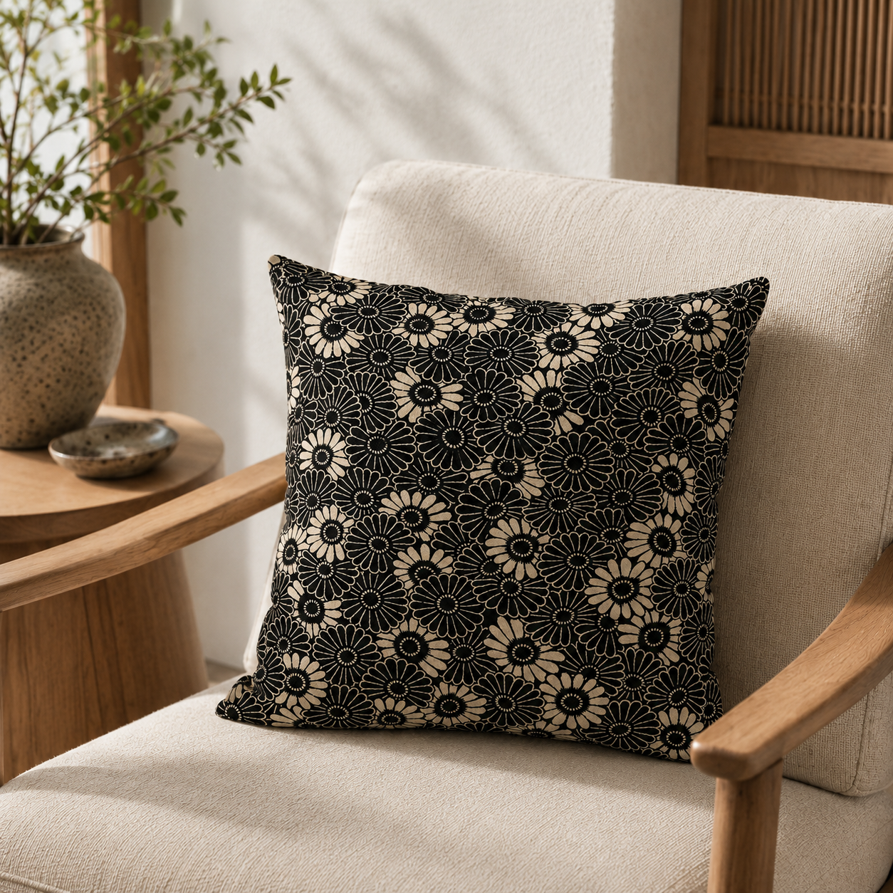 Housse de Coussin Japonais Kikuzukushi Noir