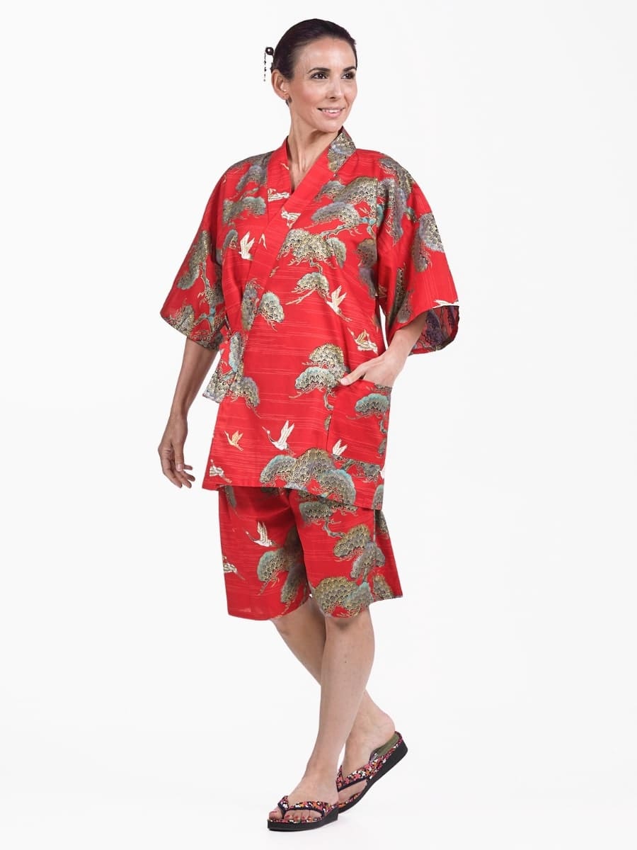 Jinbei Japonais Femme Rouge Grue & Pin - S