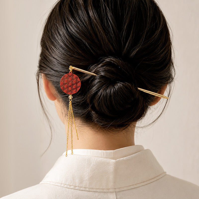 Kanzashi Japonais Motif Asanoha Rouge