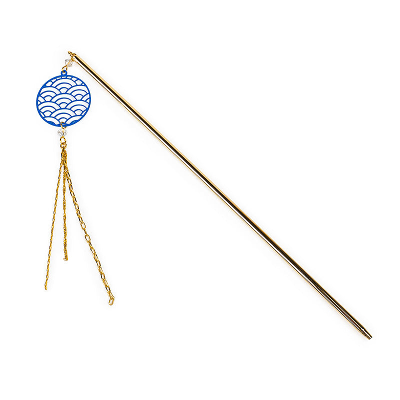 Kanzashi Japonais Motif Seigaiha Bleu