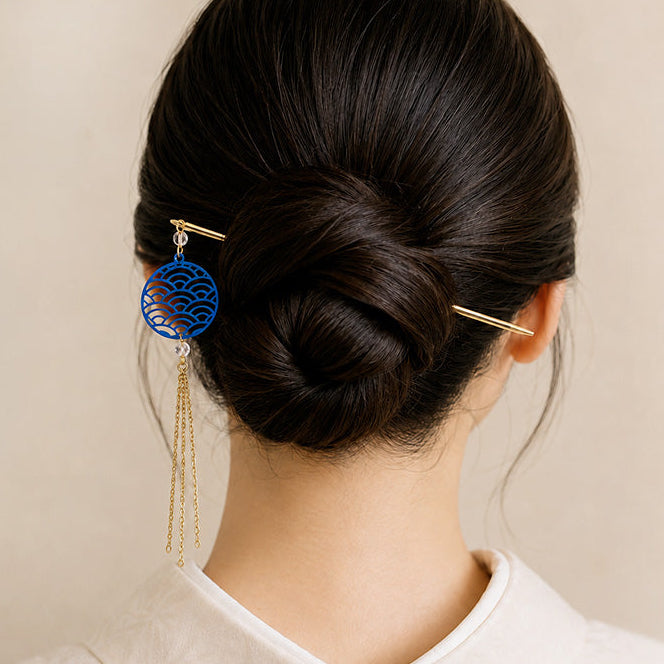 Kanzashi Japonais Motif Seigaiha Bleu