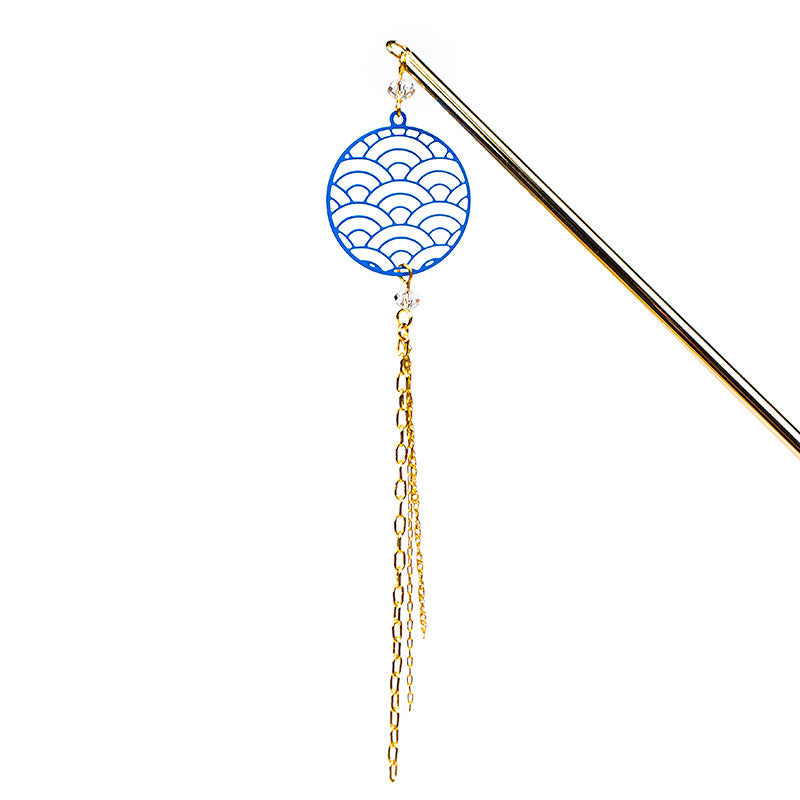 Kanzashi Japonais Motif Seigaiha Bleu