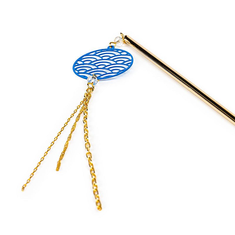Kanzashi Japonais Motif Seigaiha Bleu