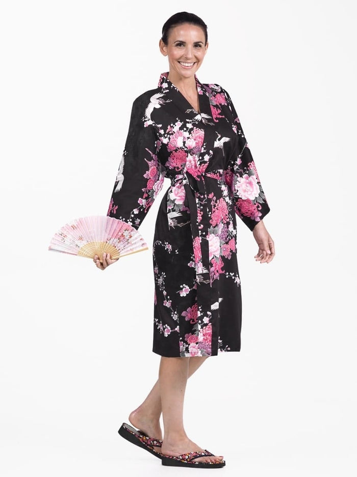 Kimono Femme Noir Grue & Fleurs