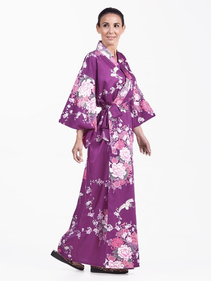 Kimono Japonais Femme Violet Pivoine & Grue