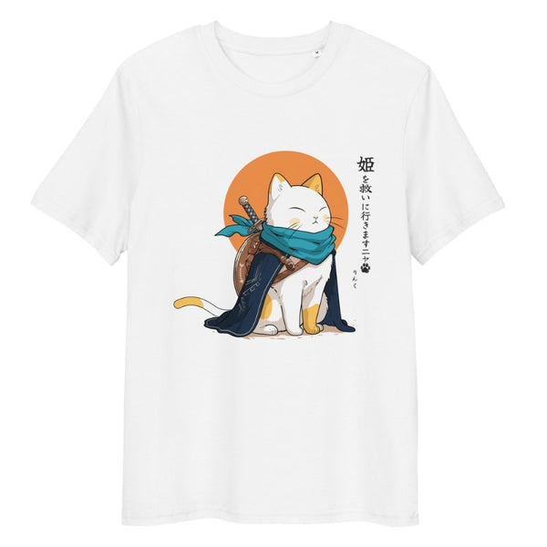 T-shirt Japonais Samouraï Chat - Design Original Avec Montagnes Et Vagues - Coupe Classique En Coton - Taille S