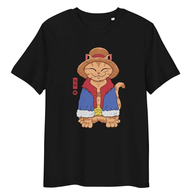 T-shirt Japonais Neko Chapeau de Paille - S / Noir