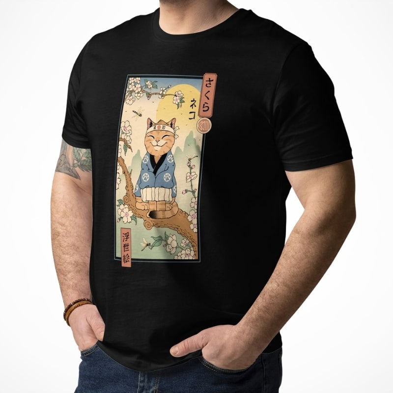 T-shirt Japonais Ukiyo-e Neko Sakura