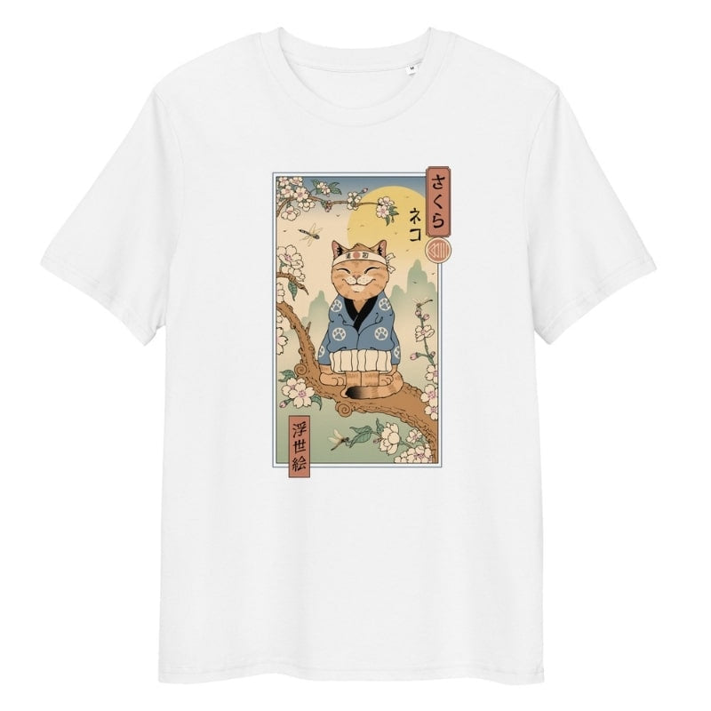 T-shirt Japonais Ukiyo-e Neko Sakura - S / Blanc