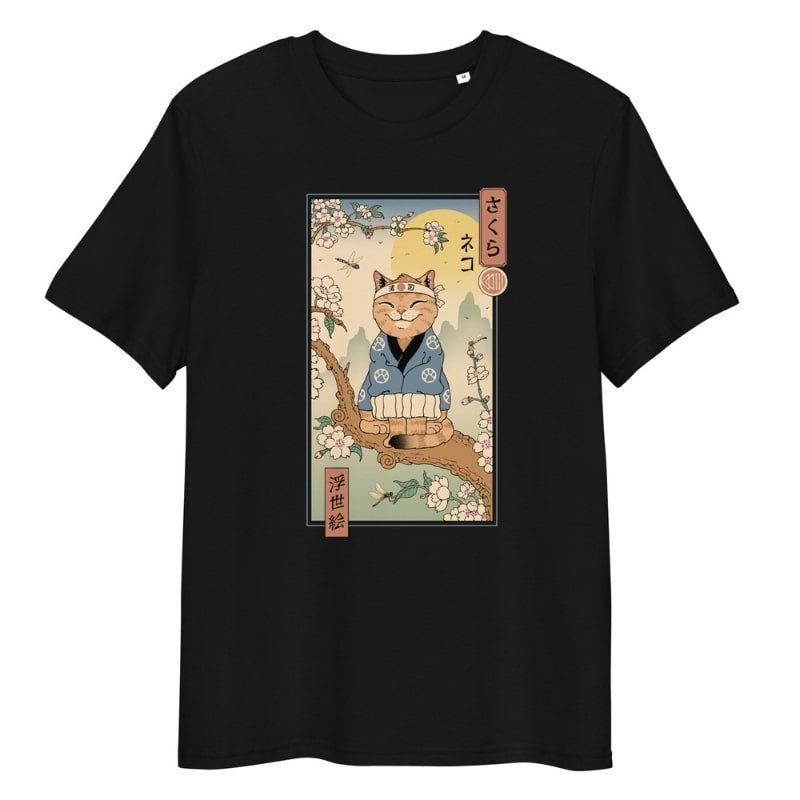 T-shirt Japonais Ukiyo-e Neko Sakura - S / Noir